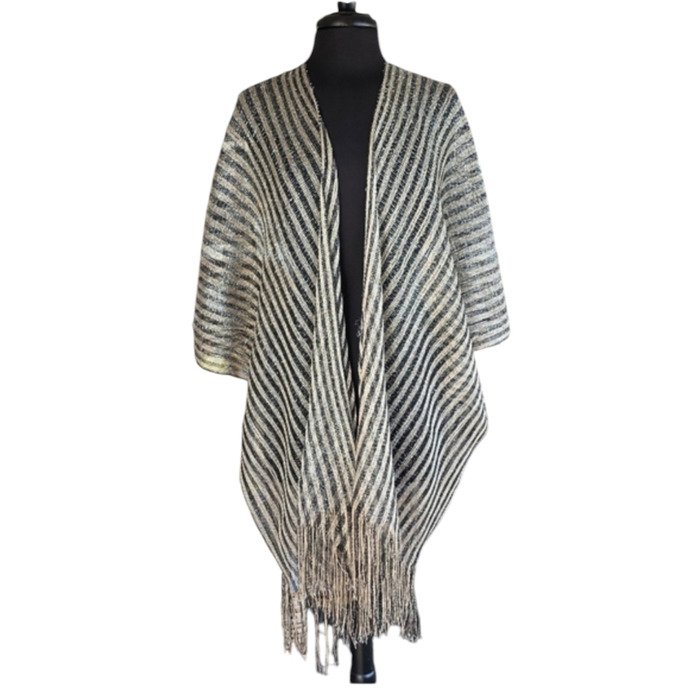 Boho Chic Metallic Kimono Wrap Striped Fringe Disco Roana
